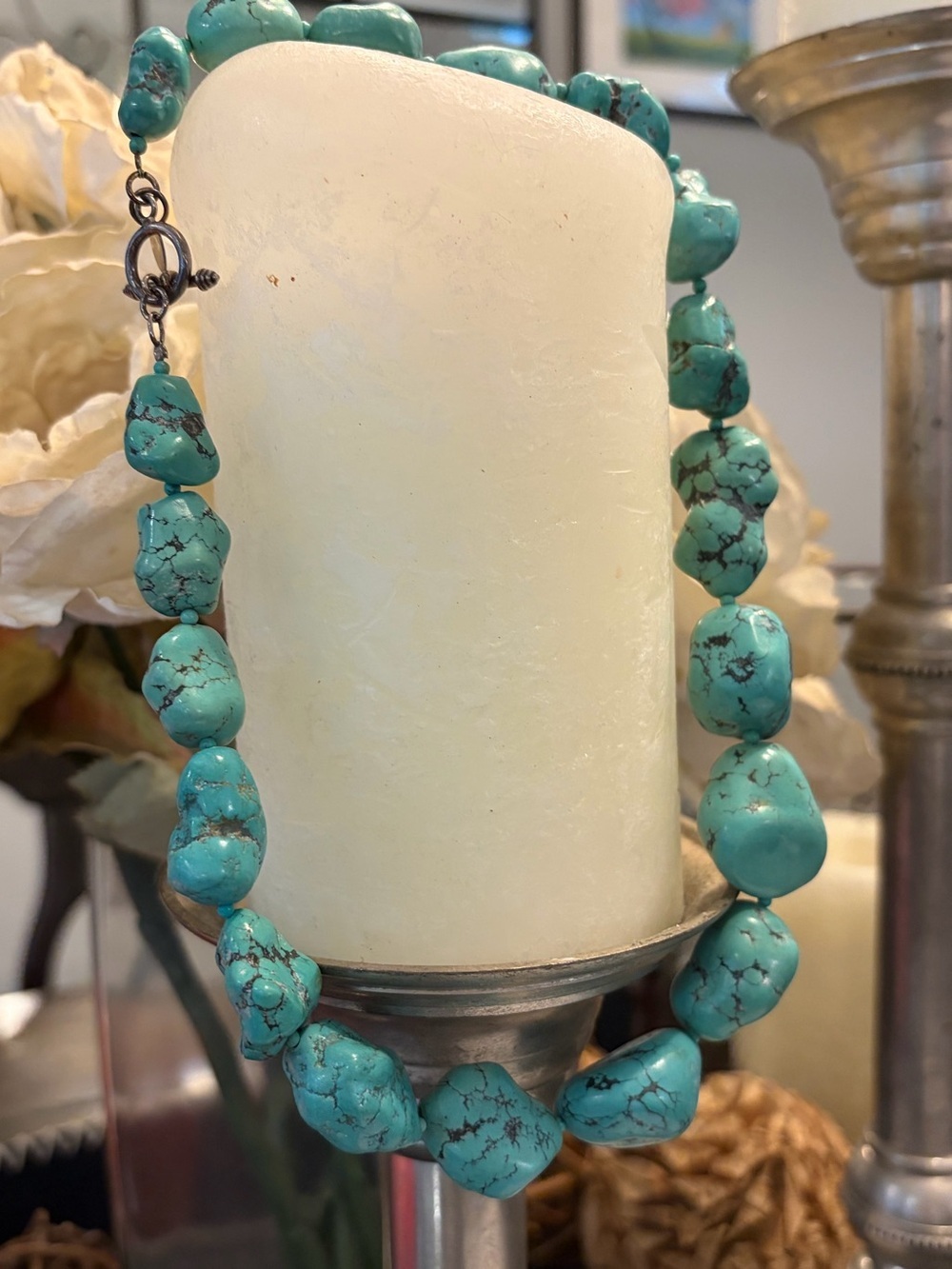 Chunky Turquoise Nugget Strand Necklace Sterling Silver 925 Toggle Clasp